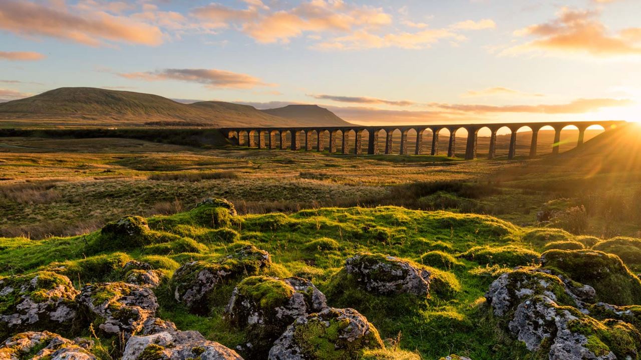 Ribblehead viaduct in North Yorkshire Dales, with moss-covered rocks in the foreground and green open spaces
