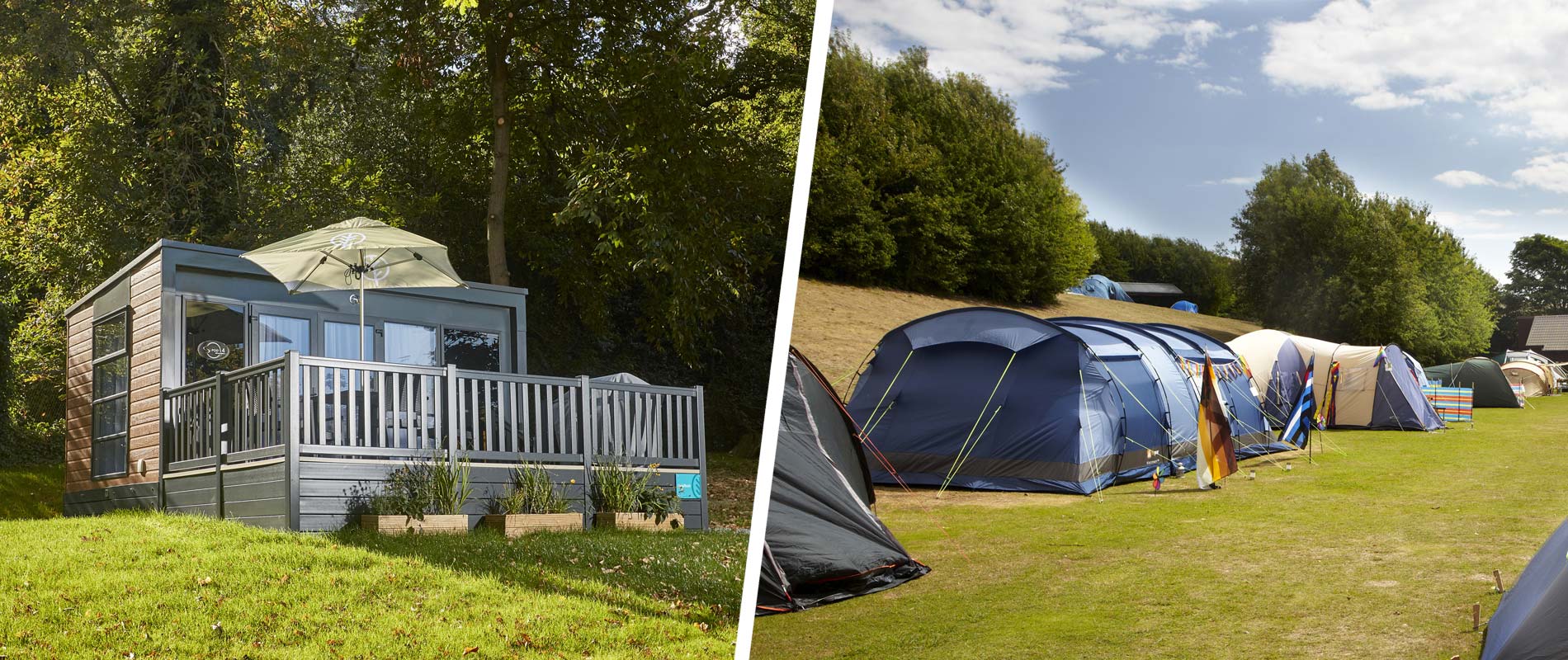 Luxury glamping pod on grassy knoll and lines of tents of various sizes