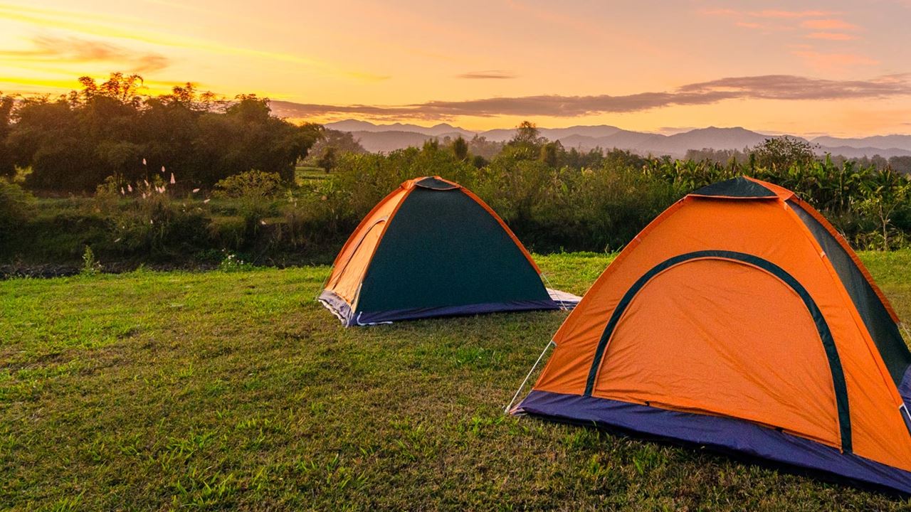 two orange tents pitched on a green field with a beautiful sunset backdrop