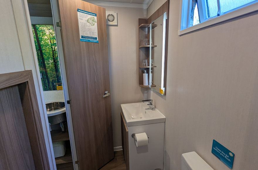 The sink ares of the bathroom in a glamping pod at Abbey Wood campsite, London