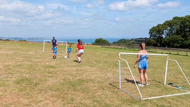 Young footballers in red and blue play on the grass