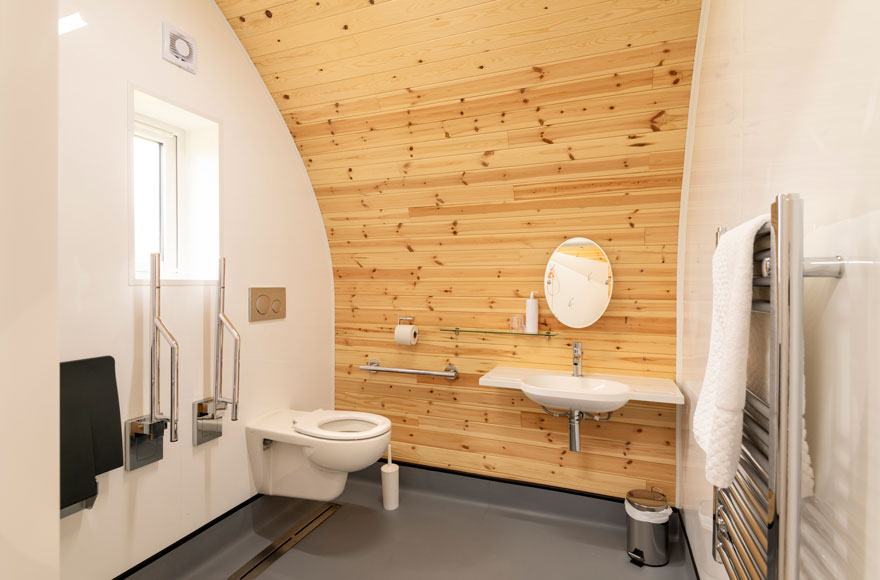 Wheelchair accessible bathroom with a toilet, sink, and mirror