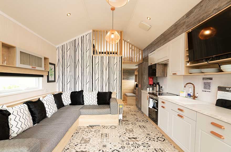 functional kitchen and living room area, maximizing space with smart design