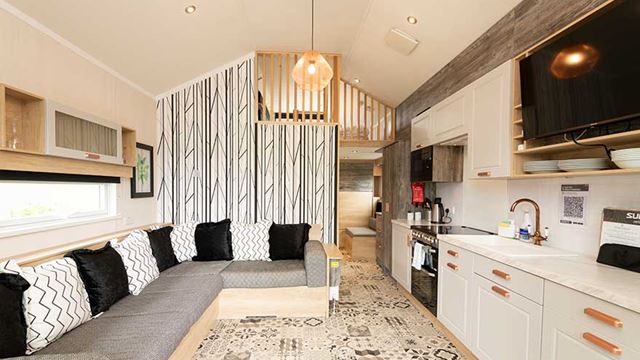 functional kitchen and living room area, maximizing space with smart design