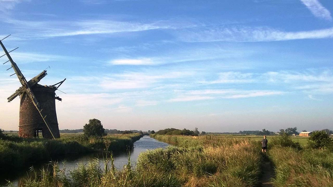 Windmill standing in a green field surrounded by bushes and trees against a blue cloudy sky
