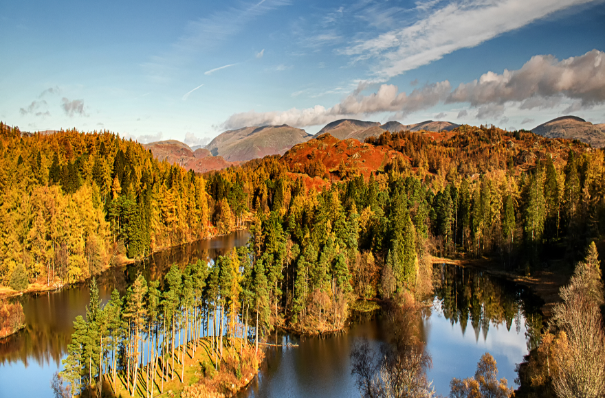An aerial shot of Tarn Hows in the Lake District