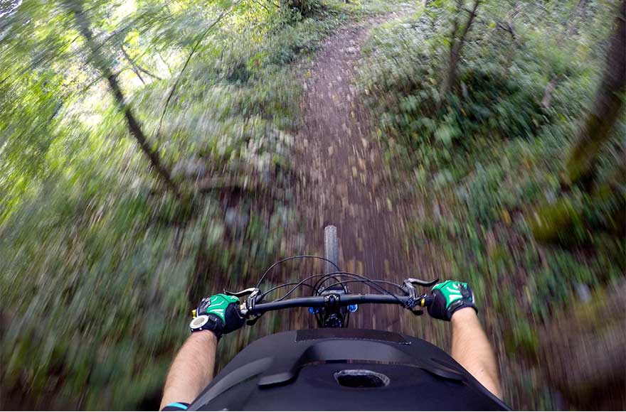 On the go - cycling through the woods near Alderstead Heath