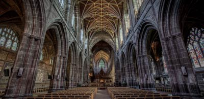 Architectural columns and pews of Chester Cathedral interior