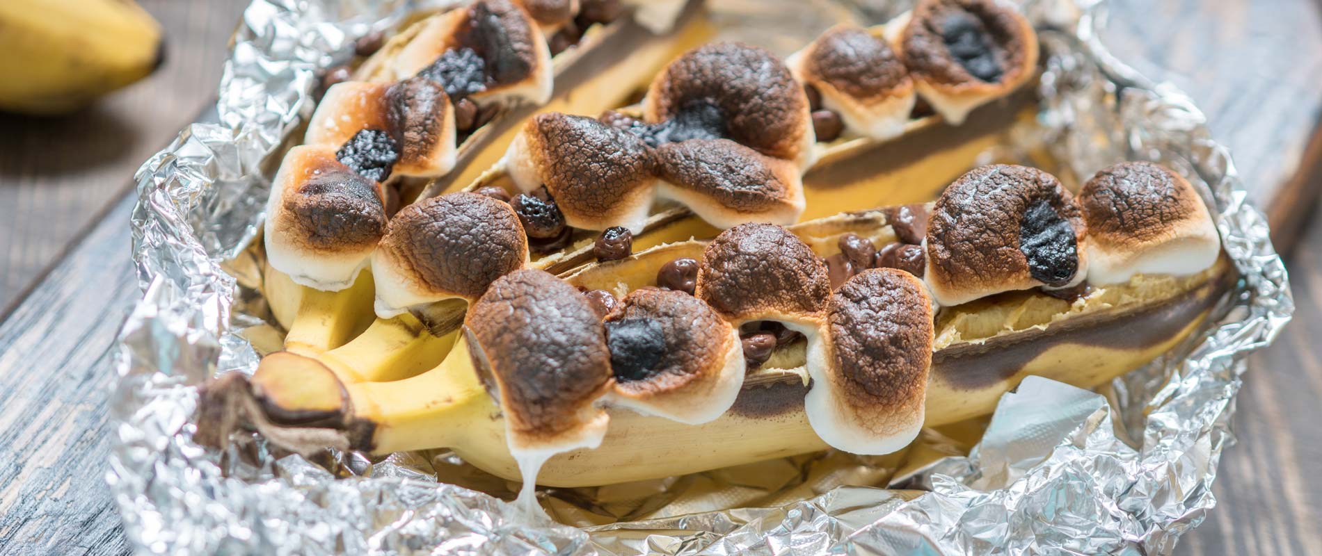 Banana S'mores: popular banana and marshmallow dessert wrapped in tin foil